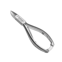 A stainless steel, concave jaw toe nail nipper with lap joint and locking mechanism